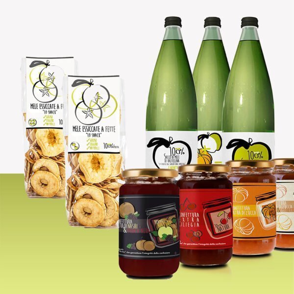 Box componibile:  3 succhi, 4 confetture da 340gr e 2 snack mela