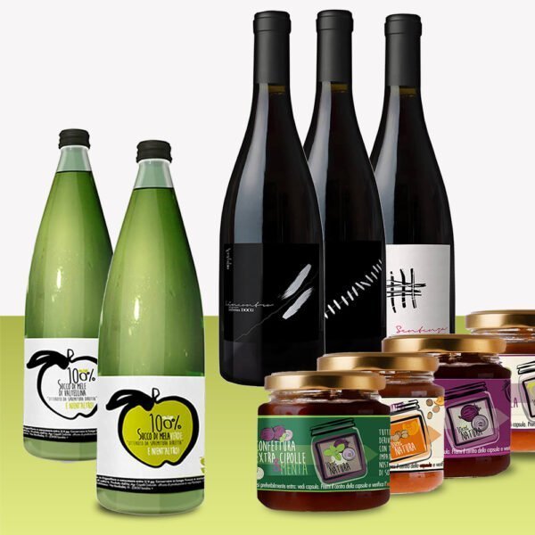 Box componibile:  3 vini, 2 succhi e 4 confetture da 110gr