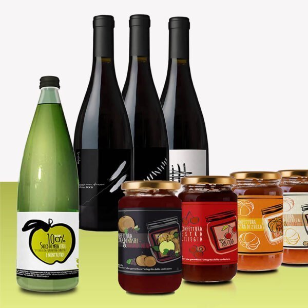 Box componibile:  3 vini, 1 succo e 4 confetture da 340gr